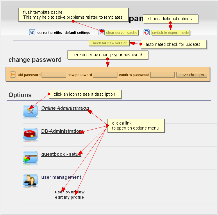 administration panel in basic mode